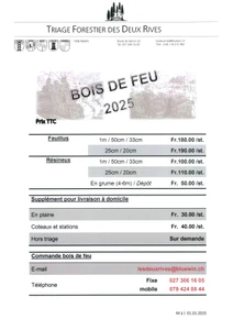 Liste de prix bois feu 2025 / commande par email ou au 079 424 88 44