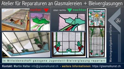 Jugendstil Glas-Blei-Farbfenster warten, reparieren oder restaurieren - bitte melden, anfragen ist nicht mit Kosten verbunden!