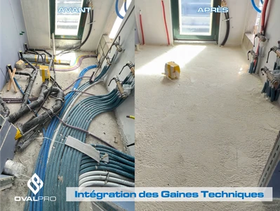 Rattrapage de niveaux sols par Mousse Polyuréthane projetée avec intégration des gaines techniques sans pont thermique