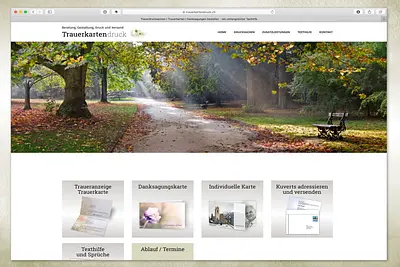 Übersichtliche Internetseite für Trauerdrucksachen - Spross AG Trauerkartendruck, 8302 Kloten im Kanton Zürich