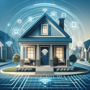 Smart Home Konzept: Eine Visualisierung eines intelligent vernetzten Hauses mit digitalen Netzwerklinien und Smart-Home-Symbolen, die die umfassende und intuitive Steuerung von Hausfunktionen über Technologie veranschaulicht.