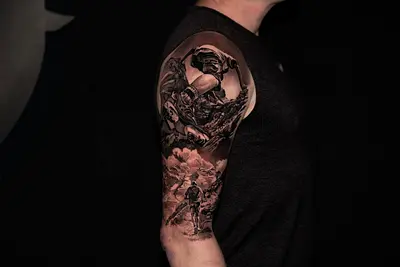 Tattoo Realism Black and Grey - Hiking  Mountain Nature . - Half Sleeve Project.