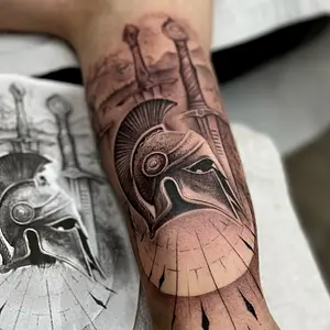 Tattoo  Realism  Black and Grey - Spartan Helmet Composition  - Full sleeve project.