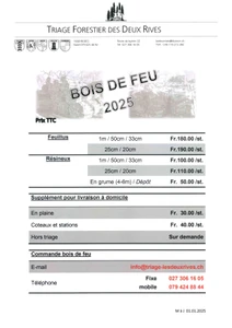 Liste de prix bois feu 2025 / commande par email ou au 079 424 88 44